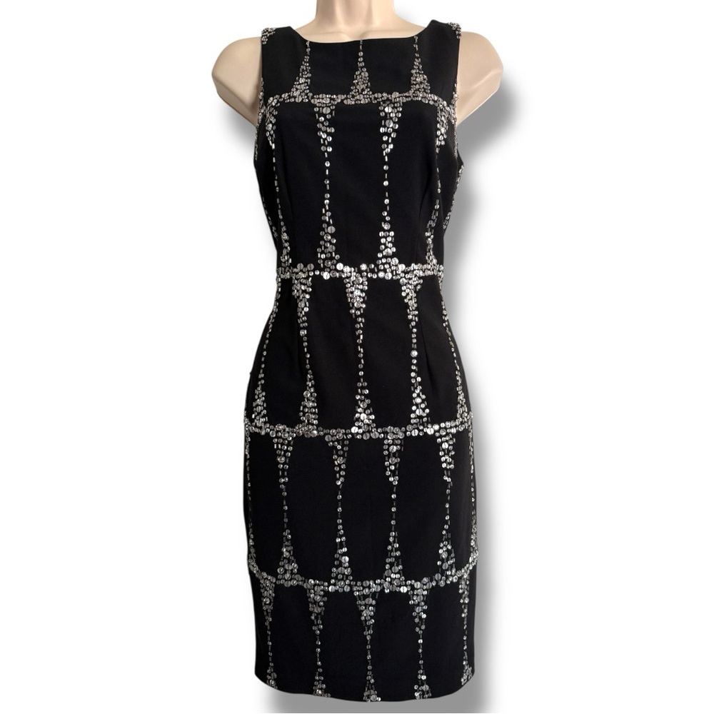 Tracy Reese New York Sequin Sheath Dress Black Silver LBD Size 2